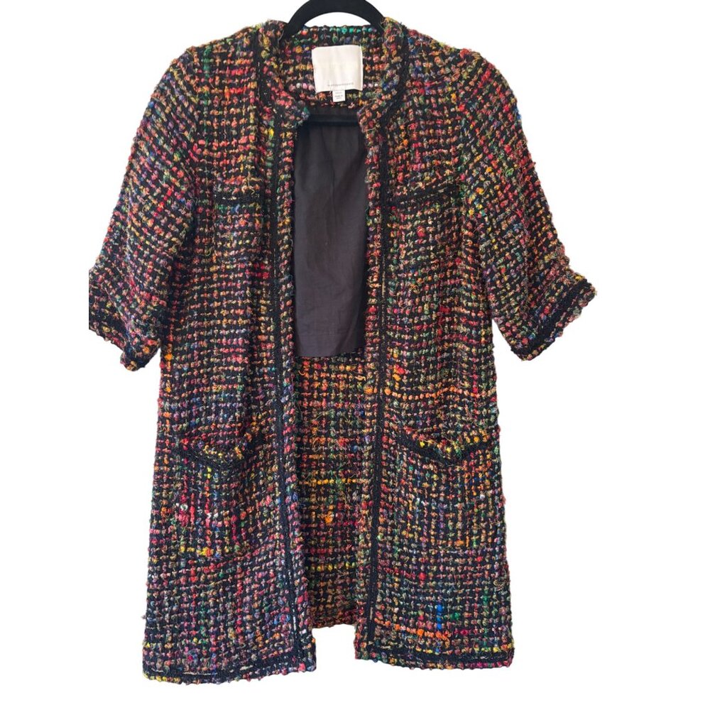 ETT TWA Anthropologie Tweed Multicolor Short Sleeve Coat Mid Lenght - Picture 2 of 12